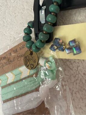 Mint Green Bridesmaid Hair Tie Set, beaded teal gold Breathe bracelet, Earrings